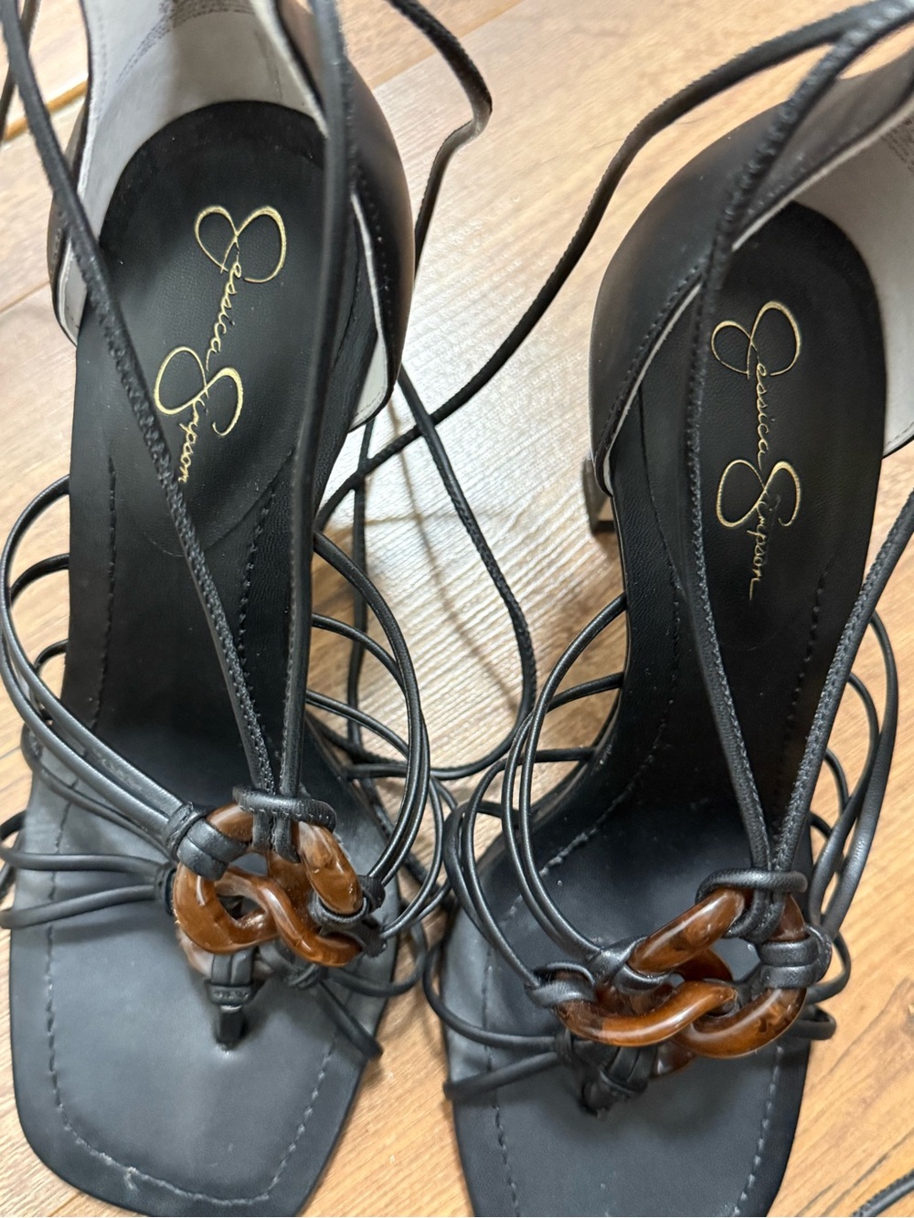 Jessica Simpson Black Lace-Up Sandals with Tortoiseshell Chain